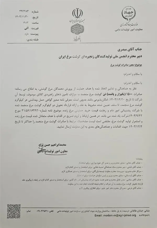 صادرات مرغ آزاد شد 