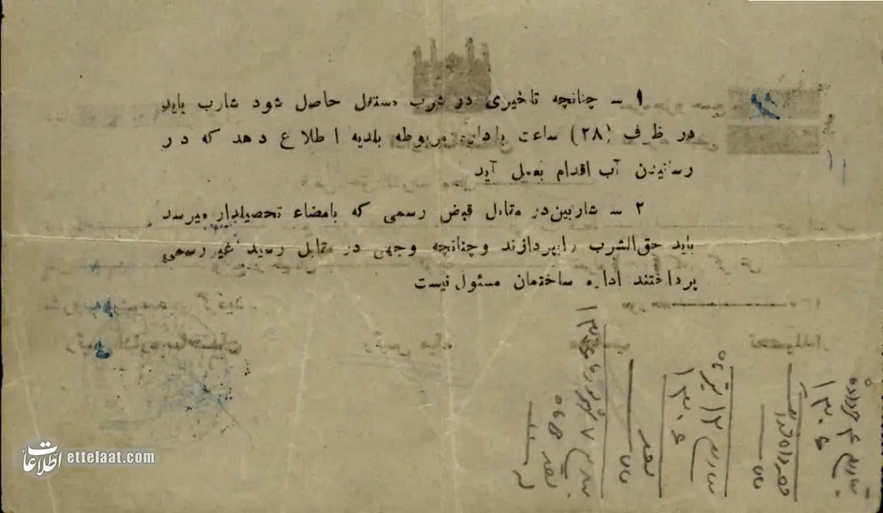 عکس اولین قبض آب مردم تهران در سال ۱۳۰۵ را ببینید!