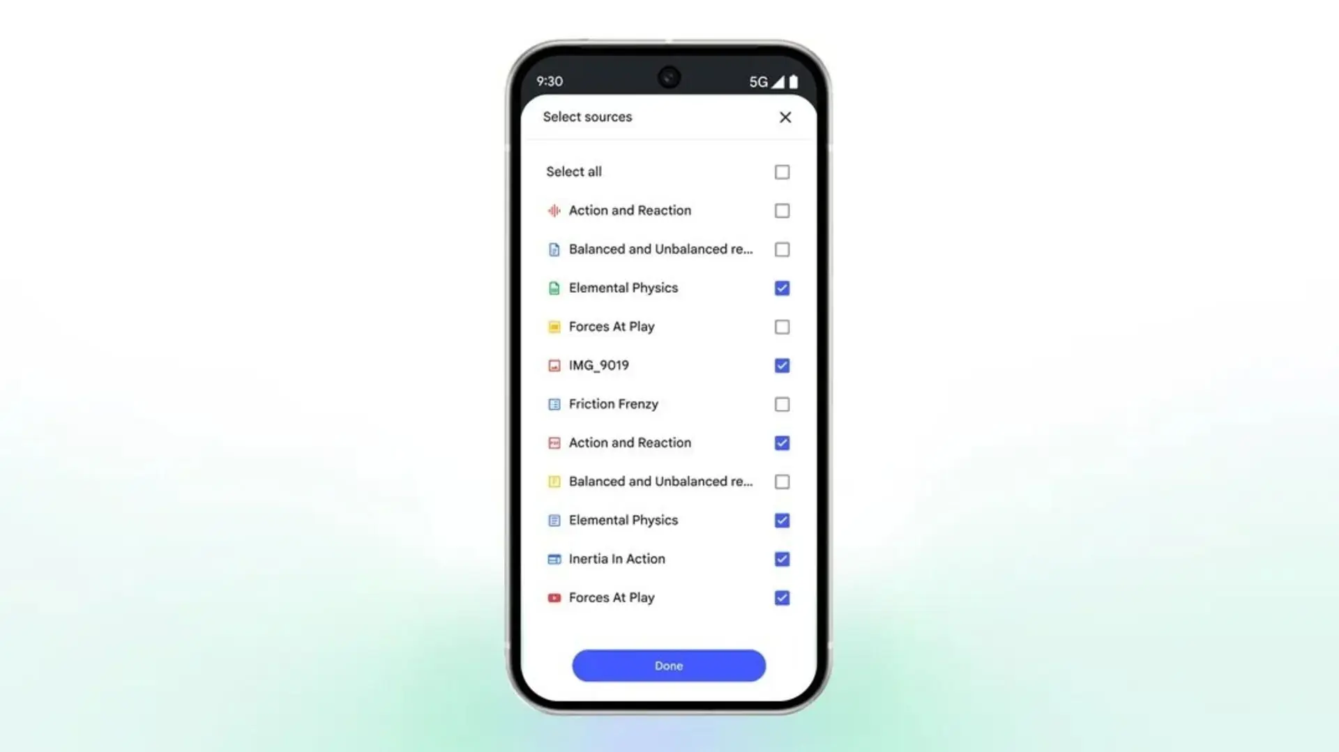 انتخاب منابع در اپلیکیشن NotebookLM