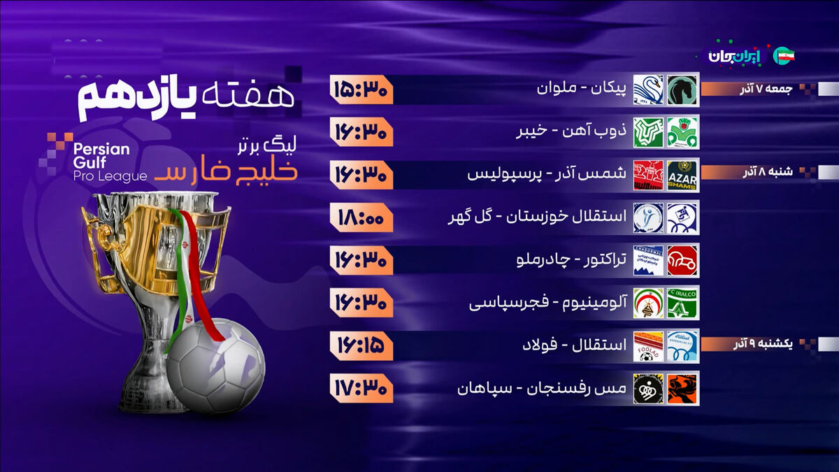 برنامه بازی های هفته یازدهم لیگ برتر ایران